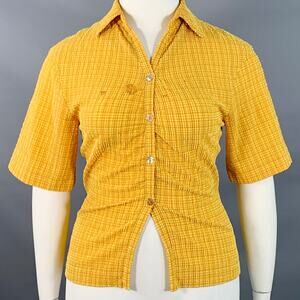 NANUSHKA Size L Yellow Brown Polyester Blend Plaid Short Sleeve Shirt